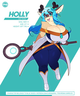 2_horns accessory anthro antlers big_breasts blue_hair bow_ribbon breasts cleavage clothed clothing ear_piercing eyebrow_through_hair eyebrows eyelashes female hair hair_accessory hair_bow hair_ribbon holding_object holding_staff horn huge_breasts long_hair looking_at_viewer open_mouth open_smile piercing pronouns ribbons smile solo staff stated_age stated_height text thick_thighs translucent translucent_hair wide_hips chromapan holly_(blueskies) deer mammal 2025 distracting_watermark english_text signature url watermark