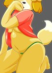 anthro belly belly_focus big_breasts breasts clothed clothing clothing_lift dipstick_tail female kneeling markings navel panties pantsless potbelly shirt shirt_lift slightly_chubby solo t-shirt tail tail_markings topwear under_boob underwear yellow_body strawberrywith4 animal_crossing nintendo isabelle_(animal_crossing) canid canine canis domestic_dog mammal shih_tzu toy_dog absurd_res digital_media_(artwork) hi_res