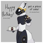 anthro birthday_cake cake candy chocolate chocolate_cake dessert ear_tuft food fur machine male neck_tuft simple_background smile solo tail tuft white_body white_fur white_tail panaxlad eniac_(panaxlad) protogen 1:1 absurd_res hi_res
