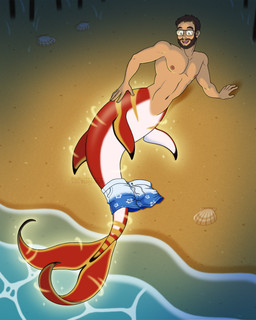 abs beach beard blue_clothing blue_swimwear clothing dark_beard dark_hair eyewear facial_hair flower glasses glowing glowing_tail hibiscus magic male merman_transformation navel nipples pecs plant sea seashell shell smile solo sparkles split_form swimwear tail transformation waist water wave frankly-art humanoid humanoid_taur marine marine_taur merfolk merfolk_taur taur 4:5 hi_res