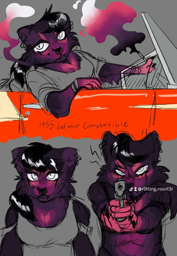 anthro black_hair breasts car cleavage clothed clothing driving female fur gun hair holding_gun holding_object holding_ranged_weapon holding_weapon purple_body purple_fur ranged_weapon smoke solo vehicle weapon puppy_meats domestic_cat felid feline felis mammal hi_res sketch