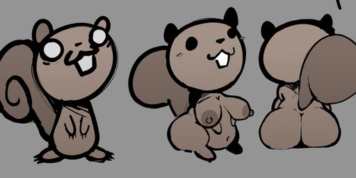 anthro areola breasts brown_body brown_fur buckteeth butt female fluffy fluffy_tail fur grey_background navel nipples nude nude_female simple_background tail teeth estebon89 mewgenics mammal rodent sciurid tree_squirrel