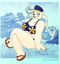anthro belly big_breasts biped blonde_hair bra breasts claws clothed clothing cosplay ear_piercing eyebrows eyelashes fangs female female_anthro fur hair hat headgear headwear panties piercing round_nose slightly_chubby slightly_chubby_anthro slightly_chubby_female teeth thick_eyebrows underwear white_body white_fur yellow_body yellow_fur efradraws northwind_(efradraws) bearimore nyuk_(northwind) bear mammal polar_bear ursine absurd_res digital_drawing_(artwork) digital_media_(artwork) hi_res