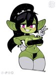 5_fingers apron big_ears bikini black_bikini black_clothing black_hair black_swimwear breasts cleavage clothed clothed_female clothed_humanoid clothing eyewear female female_humanoid fingers front_view gesture gloves green_body green_ears green_skin hair hand_gesture handwear legwear looking_at_viewer maid_headdress not_furry sharp_teeth simple_background small_waist smile starry_hair swimwear teeth thick_thighs thigh_highs two-piece_swimsuit uniform v_sign white_apron white_background white_clothing white_gloves white_handwear white_legwear white_thigh_highs gramdraw goblin humanoid 2024 absurd_res digital_drawing_(artwork) digital_media_(artwork) full-length_portrait hi_res portrait