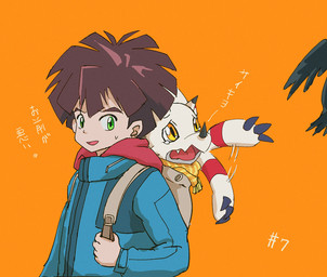 anthro backpack brown_hair claws clothing duo facial_horn feral green_eyes hair hoodie horn jacket male nose_horn orange_background scarf simple_background swiping text topwear upset white_body yellow_eyes kubota_keita bandai_namco digimon digimon_ghost_game hiro_amanokawa avian bird ceratopsian corvid corvus_(genus) crow digimon_(species) dinosaur gammamon human mammal ornithischian oscine passerine prehistoric_species reptile scalie japanese_text