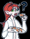 anthro biped breasts claws clothing coat eating eating_food fangs female food green_eyes hair holding_food holding_object holding_plate holding_shrimp looking_at_viewer open_mouth paws pink_body pink_ears pink_skin red_hair shrimp_(food) solo teeth topwear whiskers white_clothing conditional_dnp welwraith voices_of_the_void argemia alien alien_humanoid ariral domestic_cat felid feline felis humanoid mammal 2023 alpha_channel low_res