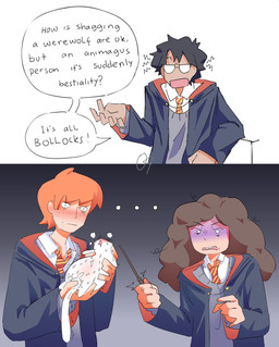 after_sex black_hair blush bodily_fluids brown_hair clothing cum cum_inflation cum_inside dialogue exhausted eyewear female feral genital_fluids glasses group gryffindor hair hogwarts_uniform humor inflation looking_pleasured magic_user male male/male red_hair robe school_uniform text uniform ofour04 harry_potter_(series) harry_potter hermione_granger ronald_weasley domestic_ferret human mammal mustelid musteline true_musteline weasel 2026 absurd_res colored comic digital_drawing_(artwork) digital_media_(artwork) english_text hi_res