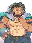 5_fingers abs anthro armband cape clothed clothing facial_hair fingers green_hair hair hand_on_hip looking_at_viewer male muscular muscular_anthro muscular_male nipples open_mouth pecs simple_background solo white_background youzora_samo18 lifewonders tokyo_afterschool_summoners arsalan_(tas) felid lion mammal pantherine 3:4 hi_res