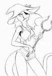 anthro clothed clothing female flower hat headgear headwear melee_weapon one_eye_obstructed plant solo teeth weapon chochi no_evil calamity_(chalchiotlique) helmeted_lizard lizard reptile scalie black_and_white hi_res monochrome traditional_media_(artwork)