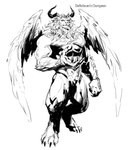 anthro claws delicious_in_dungeon demon digitigrade dopq feathered_wings feathers felid hi_res horn lion male mammal mane monochrome muscular muscular_male pantherine solo winged_lion_(delicious_in_dungeon) wings