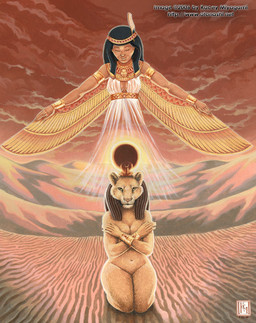 anthro breasts circlet clothed clothing copyright_symbol covering covering_breasts crown desert dress duo eclipse egyptian egyptian_clothing egyptian_headdress female headdress headgear headwear jewelry kalasiris kneeling looking_at_viewer loose_feather navel necklace nemes_(clothing) nude ostrich_feather outside radiant_crown sitting sky solar_eclipse symbol uraeus usekh what kacey egyptian_mythology middle_eastern_mythology mythology ma'at sekhmet deity felid ghost human lion mammal pantherine spirit undead 2006