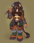 3_fingers anthro arm_markings arm_wraps armor bandeau belly belly_markings bottomwear bracers breast_markings breasts brown_body brown_fur brown_hair chest_markings clothed clothing curvy_figure facial_markings female fingers fur hair hair_over_eyes hammer head_markings hooves horn markings navel shorts smile solo standing thick_thighs tools topwear voluptuous wide_hips wraps skye3337 blizzard_entertainment warcraft bovid bovine mammal tauren 2023 hi_res