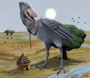 4_toes ambiguous_gender anisodactyl arm_support beak carrying_another clothing day duo extreme_size_difference feathered_tail feathered_wings feathers feet feral folded_wings forward_arm_support grass hut landscape larger_ambiguous larger_feral looking_at_another macro male open_beak open_mouth outside plant riding riding_on_back river rope rope_around_neck shirt size_difference sky smaller_human smaller_male standing straddling sun tail thatched_roof toes topwear tree wings yellow_clothing yellow_eyes yellow_shirt yellow_topwear hodarinundu avian bird human mammal pelecaniform shoebill 2022 digital_media_(artwork) digital_painting_(artwork) painting_(artwork)