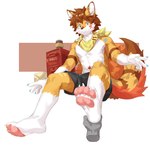 4_toes anthro barefoot bottomwear brown_hair claws clothing feet foot_grab fur hair heterochromia hindpaw male multicolored_body multicolored_fur pawpads paws scarf shorts soles solo toes white_body white_fur joeyzliaotang canid canine mammal absurd_res hi_res