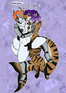 anthro breasts cybernetics duo female female/female fin fingering fingering_partner machine nipples robotic robotic_arm robotic_leg sex shark_tail speech_bubble stripes text arwenscoots conditional_dnp iris_rajani_bandari_(techmo) myung_pak_cheoul_(techmo) aquatic canid canine canis cyborg domestic_dog felid fish husky hybrid japanese_spitz mammal nordic_sled_dog pantherine robot shark spitz tiger absurd_res hi_res korean_text