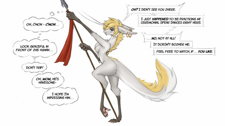 anthro breasts brown_eyes chest_tuft dialogue ear_piercing ear_ring ear_stud female fluffy fluffy_tail fur grey_body grey_fur holding_object holding_weapon long_ears looking_at_viewer melee_weapon nipples nude pawpads piercing pink_pawpads polearm raised_leg ring_piercing seductive simple_background solo spear speech_bubble standing tail talking_to_viewer text thought_bubble tuft weapon white_background white_body white_fur yellow_body yellow_fur valsalia watsup out-of-placers mammal yinglet 16:9 artist_collaboration digital_media_(artwork) english_text hi_res widescreen