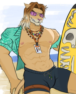 abs anthro beach biped clothed clothed_anthro clothed_male clothing fur male muscular muscular_male nipples open_clothing open_shirt open_topwear pink_nipples sea shirt solo tail tan_body tan_fur tan_tail topwear water akizume epic_games fortnite kingston_(fortnite) felid lion mammal pantherine 2025 absurd_res colored hi_res