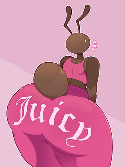 ambiguous_gender antennae_(anatomy) anthro arthropod_abdomen bar_emanata big_butt bottomwear brown_body butt clothing emanata huge_butt looking_back outline pants pink_background pink_bottomwear pink_clothing pink_pants pink_shirt pink_tank_top pink_topwear shirt simple_background solo tank_top text text_on_bottomwear text_on_clothing text_on_pants topwear white_outline dozighost juicy_couture choco_(dozighost) ant arthropod hymenopteran insect 2026 hi_res male_(lore)