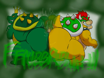 anthro ass_to_ass belly bent_over between_butts big_belly big_butt butt crown dominant dominant_anthro fart fart_cloud fart_fetish farting_on_another green_body green_fart_cloud grin group hair headgear horn huge_butt huge_fart human_on_anthro interspecies larger_anthro larger_dom larger_male male male/male narrowed_eyes obese obese_anthro obese_male onomatopoeia overweight overweight_anthro overweight_male pinned red_hair sandwiched shell simple_background size_difference smaller_human smaller_male smile smug sound_effects spiked_shell spikes spikes_(anatomy) square_crossover submissive submissive_human tail text thick_thighs trio weight_difference yellow_body nabb-kun bowser_day mario_bros nintendo bowser king_koopa mario human koopa mammal reptile scalie turtle 2025 digital_media_(artwork) hi_res
