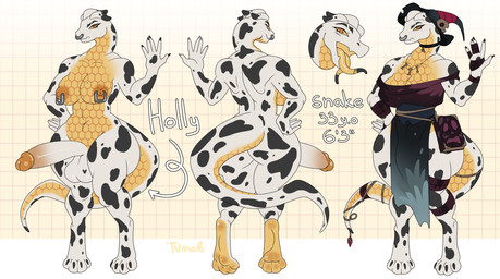 animal_print anthro balls big_breasts book breasts clothing cow_print erection facial_piercing female genitals hair hand_on_hip hat headgear headwear heart_symbol herm intersex larger_female living_tail long_tail looking_at_viewer multicolored_body nipple_piercing nipples nose_piercing nude open_mouth paws piercing rear_view short_hair size_difference snake_tail solo tail tongue torn_clothing two_tone_body unusual_anatomy unusual_tail witch_hat tvmob holly_(tvmob) reptile scalie snake absurd_res hi_res model_sheet