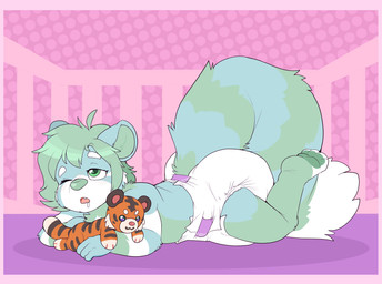 4_toes ambiguous_gender anthro big_diaper blue_body blue_fur blue_tail blush blush_lines bodily_fluids border clean_diaper clothed clothing crib diaper diaper_only dipstick_tail dotted_background drooling feet fur gloves_(marking) green_body green_fur green_hair green_inner_ear green_nose green_pawpads green_tail hair holding_object holding_plushie leg_markings lying markings multicolored_body multicolored_fur multicolored_tail on_front one_eye_closed open_mouth pattern_background pawpads pink_background pink_border plushie raised_leg ring_(marking) ringed_tail saliva simple_background snaggle_tooth socks_(marking) solo striped_markings striped_tail stripes tail tail_markings three-quarter_view toes topless waking_up wearing_diaper white_body white_diaper white_fur white_tail white_tail_tip young young_ambiguous young_anthro bubblepuppers winter_(winterpander) ailurid mammal red_panda absurd_res full-length_portrait hi_res portrait
