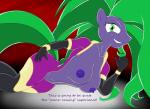 anthro anthrofied biped breasts clothing female fur green_eyes green_hair hair hooves looking_at_viewer lying navel nipples presenting purple_body purple_fur smile solo text sct-trigger1221 friendship_is_magic hasbro my_little_pony mane-iac_(mlp) power_ponies_(mlp) earth_pony equid equine horse mammal pony absurd_res hi_res