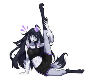 5_fingers anthro biped black_hair bottomwear bra breasts clothed clothed_anthro clothed_female clothing feet female fingers front_view fully_clothed fully_clothed_anthro fully_clothed_female fur grey_body grey_fur grey_tail hair looking_aside navel open_mouth purple_eyes raised_leg simple_background sports_bra tail toes tongue topwear underwear white_background nulia bovid canid canine caprine fox hybrid mammal sheep 2025 6:5 digital_drawing_(artwork) digital_media_(artwork) hi_res