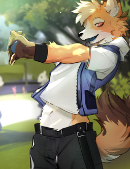 anthro blue_pawpads blue_tongue blurred_background bottomwear cheek_tuft clothed clothing day detailed_background dipstick_ears dipstick_tail ear_markings facial_tuft fully_clothed fur jacket light male markings midriff multicolored_body multicolored_ears multicolored_fur navel orange_body orange_fur outside pants pawpads red_eyes shirt solo stretching sunlight tail tail_markings tongue topwear tuft wristband dr.kiyo canid canine fox mammal 2022 absurd_res hi_res