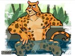 anthro balls black_eyebrows blush eyebrows fingers flaccid foreskin genitals humanoid_genitalia humanoid_penis male muscular muscular_anthro muscular_male nude penis solo tail water shtarfish cartoon_network my_gym_partner's_a_monkey mr._cheetah_(mgpam) cheetah felid feline mammal