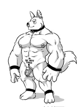 anthro bdsm belly_tattoo body_writing chastity_cage chastity_device cheek_tuft ear_piercing facial_piercing facial_tuft fluffy fluffy_tail lock male muscular muscular_anthro muscular_male muscular_sub nipple_piercing nipples padlock piercing solo submissive tail tattoo tuft writing_on_belly witherrose1 canid canine mammal black_and_white hi_res monochrome