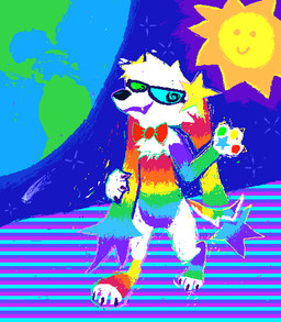ambiguous_anthro ambiguous_gender anthro detailed_background earth eyewear fur glasses multicolored_body multicolored_ears multicolored_fur planet rainbow_body rainbow_ears rainbow_fur smile solo sparklefur sun demensa canid canine canis domestic_dog hybrid mammal mustelid musteline true_musteline weasel colorful_theme digital_media_(artwork) pixel_(artwork)