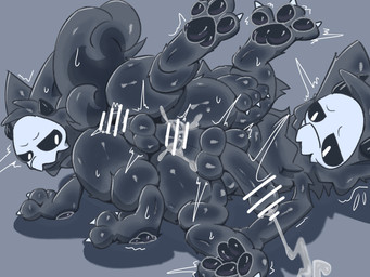 abdominal_bulge anal anal_orgasm anal_penetration anthro anthro_on_anthro anthro_penetrated anthro_penetrating anthro_penetrating_anthro anus backsack balls biped black_anus black_balls black_body black_butt black_fur black_pawpads black_penis black_perineum black_sclera bodily_fluids bone bone_mask bumper_cars_position butt censor_bar censored_anus censored_genitalia censored_penis cum cum_in_ass cum_inside cum_while_penetrated cumshot duo ejaculation fluffy fluffy_tail from_behind_position fur genital_fluids genitals grey_background hands-free humanoid_genitalia humanoid_penis ineffective_censorship lying male male/male male_anthro male_penetrated male_penetrating male_penetrating_male mask nude_anthro nude_male on_back one_leg_up orgasm pawpads paws penetration penile penile_penetration penis penis_in_ass perineum pupils raised_leg sex simple_background skull skull_mask snout tail top_hole white_pupils iyy changed_(video_game) puro_(changed) canid canine latex_creature mammal 2026 censored digital_drawing_(artwork) digital_media_(artwork) english_description hi_res