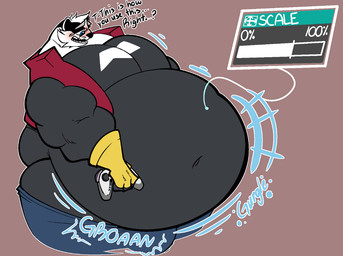 anthro belly big_belly black_body black_nose blue_eyes blush bottomwear clothing controller dialogue game_controller inflation male obese obese_male overweight overweight_male pants simple_background solo standing text white_body coffeefreak bradley_the_badger_(game) bradley_(bradley_the_badger) badger mammal mustelid musteline 2025 english_text