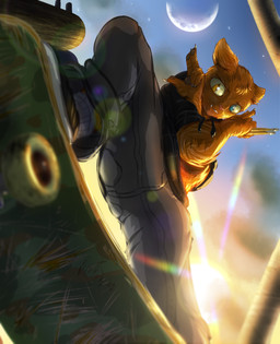 5_fingers anthro blue_eyes bottomwear camo claws clothed clothing crescent_moon crossed_arms denim denim_bottomwear denim_clothing drumming_stick fingers fully_clothed fur heterochromia holding_object hoodie jeans lens_flare looking_at_viewer looking_down looking_down_at_viewer low-angle_view male moon orange_body orange_eyes orange_fur outside pants percussion_mallet pink_nose pose rolled_up_sleeves skateboard skateboarding sky smile solo sun topwear vehicle worm's-eye_view frist44 night_in_the_woods casey_hartley domestic_cat felid feline felis mammal absurd_res hi_res