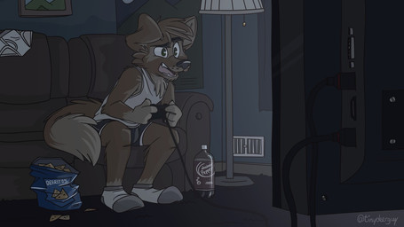 anthro beverage blue_clothing blue_underwear boxer_briefs briefs bulge clothed clothing controller dark food footwear furniture gaming lamp legwear male pantsless pantsless_male playing_video_game shirt socks soda sofa solo tank_top tighty_whities topwear underwear white_briefs white_clothing white_footwear white_legwear white_shirt white_socks white_topwear white_underwear tinydeerguy matt_riskely canid canine canis domestic_dog mammal 16:9 widescreen