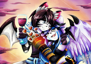 alcohol amber_eyes anthro bat_wings beverage black_hair black_markings blue_eyes blue_markings clothing container cuddling cup drinking_glass duo female gatling_gun glass glass_container glass_cup gun gun_arm hair heart_symbol heterochromia machine_gun male markings membrane_(anatomy) membranous_wings minigun neck_tuft ranged_weapon round_ears sky topwear tuft weapon weapon_arm white_body wine wine_glass wings yukariasano sega sonic_the_hedgehog_(series) velatis_ferio_caedo verin_the_bat bat mammal unknown_species