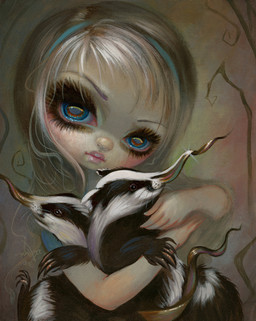 ambiguous_gender black_body black_fur blonde_hair clothed clothing curled_tail female feral fur group hair lips looking_at_viewer makeup nightmare_fuel snout stripes tail thick_lips trio white_stripes jasmine_becket-griffith alice_in_wonderland alice_(alice_in_wonderland) badger human mammal mustelid musteline 2016 acrylic_painting_(artwork) dated formal_art hi_res painting_(artwork) traditional_media_(artwork) traditional_painting_(artwork)