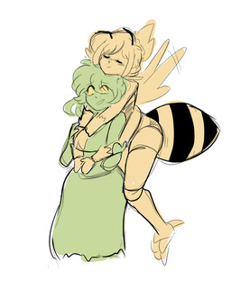 4_arms antennae_(anatomy) anthro arthropod_abdomen blush blush_lines claws clothed clothing duo eyes_closed female flying hug hugging_another hugging_from_behind leaf leaf_hair legwear multi_arm multi_limb plant plant_hair pseudo_hair thigh_highs toe_claws yellow_sclera glowyskull leaf_(glowyskull) maylene_bea_(glowyskull) arthropod bee humanoid hymenopteran insect nymph 2020 3:4 digital_drawing_(artwork) digital_media_(artwork) guide_lines sketch
