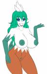 anthro anthrofied big_breasts biped blue_eyes breasts clitoris female genitals green_hair green_nipples hair huge_breasts long_hair nipples pokemorph pussy simple_background solo standing white_background wiitenuant nintendo pokemon victoria_hondew generation_4_pokemon pokemon_(species) snover 2014 hi_res