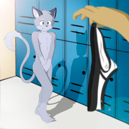anthro barefoot blue_eyes blush briefs clothing covering covering_crotch covering_self duo embarrassing_nudity feet locker male nude shadow solo_focus underwear young foxzor canid canine canis fox mammal wolf 1:1 absurd_res hi_res