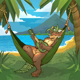 beach brown_body brown_fur fur grass_hair hammock horn leaf leaf_tail lute male musical_instrument palm_tree plant plucked_string_instrument relaxing rope sea solo string_instrument tail tree ukulele water billianwolf kalei_(hydro19) elemental_creature flora_fauna hybrid kobold scalie 1:1 hi_res