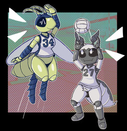 4_fingers ^_^ anthro arthropod_abdomen ball black_sclera clothing crotch_tuft digitigrade duo exoskeleton eyes_closed featureless_crotch female fingers flesh_fang fur jersey jumping shirt smile sport sportswear throwing_ball topwear translucent translucent_wings tuft volleyball white_body white_fur wings lizardfungus arthropod hymenopteran insect leafhopper panda_ant true_bug velvet_ant wasp hi_res