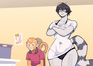 anthro bikini blue_eyes clothing crossed_arms duo electronics female hair headphones male orange_hair swimwear thick_thighs translucent translucent_clothing translucent_topwear two-piece_swimsuit white_body butter_sugoi neuron_activation butter_sugoi_(character) haplorhine mammal monkey primate procyonid raccoon hi_res meme