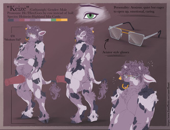 anthro aviator_glasses balls big_penis black_spots bodily_fluids curly_hair ear_piercing eyewear facial_piercing fluffy fluffy_tail fur genitals glasses green_eyes hair hooves horn huge_penis male nervous nervous_sweat nose_piercing nose_ring nude penis piercing pubes purple_body purple_fur ring_piercing small_horn solo spots sweat tail white_spots floart keize_galloway bovid bovine cattle mammal hi_res model_sheet