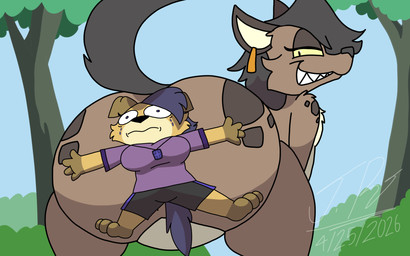 anthro big_butt black_hair bottomwear breasts brown_body brown_fur butt cartoon_physics clothed clothing duo eyelashes female female/female flattened flattened_breasts fur hair jewelry looking_back necklace nude outside pancake_flattened plant sat_on sat_on_another sharp_teeth simple_background size_difference sky smile tail teeth topwear tree wearing yellow_eyes jayme_universe jad_(jayme_universe) leena_(potateymatey) canid canine canis domestic_dog hyena mammal spotted_hyena digital_media_(artwork) hi_res