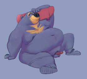 anthro balls belly big_belly biped black_nose clothing erection footwear genitals humanoid_genitalia humanoid_hands humanoid_penis male moobs navel nipples overweight overweight_male penis shoes simple_background sitting skateboard solo vehicle osos bear mammal short-faced_bear spectacled_bear 2026