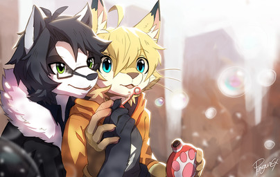 anthro black_body black_clothing black_ears black_fur black_hair black_nose black_topwear blonde_hair bloom blue_eyes bubble clothed clothing duo eyewear fur glasses green_eyes hair inner_ear_fluff male open_mouth orange_clothing orange_topwear rectangular_glasses topwear tuft white_body white_fur white_inner_ear white_inner_ear_fluff yellow_body yellow_ears yellow_fur penguinexperience badger canid canine fox mammal mustelid musteline signature