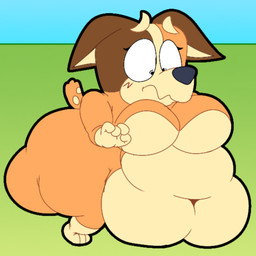 anthro belly big_belly big_breasts big_butt black_nose blush blush_lines breasts brown_body brown_fur butt featureless_breasts female fur huge_belly huge_butt morbidly_obese morbidly_obese_anthro morbidly_obese_female multicolored_body multicolored_fur nude obese obese_anthro obese_female orange_body orange_fur overweight overweight_anthro overweight_female shortstack simple_background solo faucyv bluey_(series) chilli_heeler australian_cattle_dog canid canine canis cattledog domestic_dog herding_dog mammal pastoral_dog 1:1 aliasing colored digital_drawing_(artwork) digital_media_(artwork) sketch