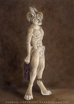 4_toes abs animal_genitalia anklet anthro balls biped claws clothing digitigrade feet flaccid foreskin fur genitals hair hand_on_hip holding_clothing holding_object humanoid_genitalia humanoid_penis jewelry long_ears looking_at_viewer male nipples nude nude_anthro nude_male penis penis_tip sheath short_hair side_view smile solo standing tail text toe_claws toes underwear dark_natasha gabriel_(dark_natasha) lagomorph leporid mammal rabbit 2005 traditional_media_(artwork)
