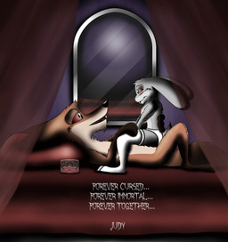 anthro bed bite blood bodily_fluids clothing duo female furniture holidays love male male/female markings nude panties romantic romantic_ambiance text underwear thebiggeewhizz disney halloween zootopia judy_hopps nick_wilde canid canine european_rabbit fox lagomorph leporid mammal oryctolagus rabbit red_fox true_fox undead vampire absurd_res english_text hi_res
